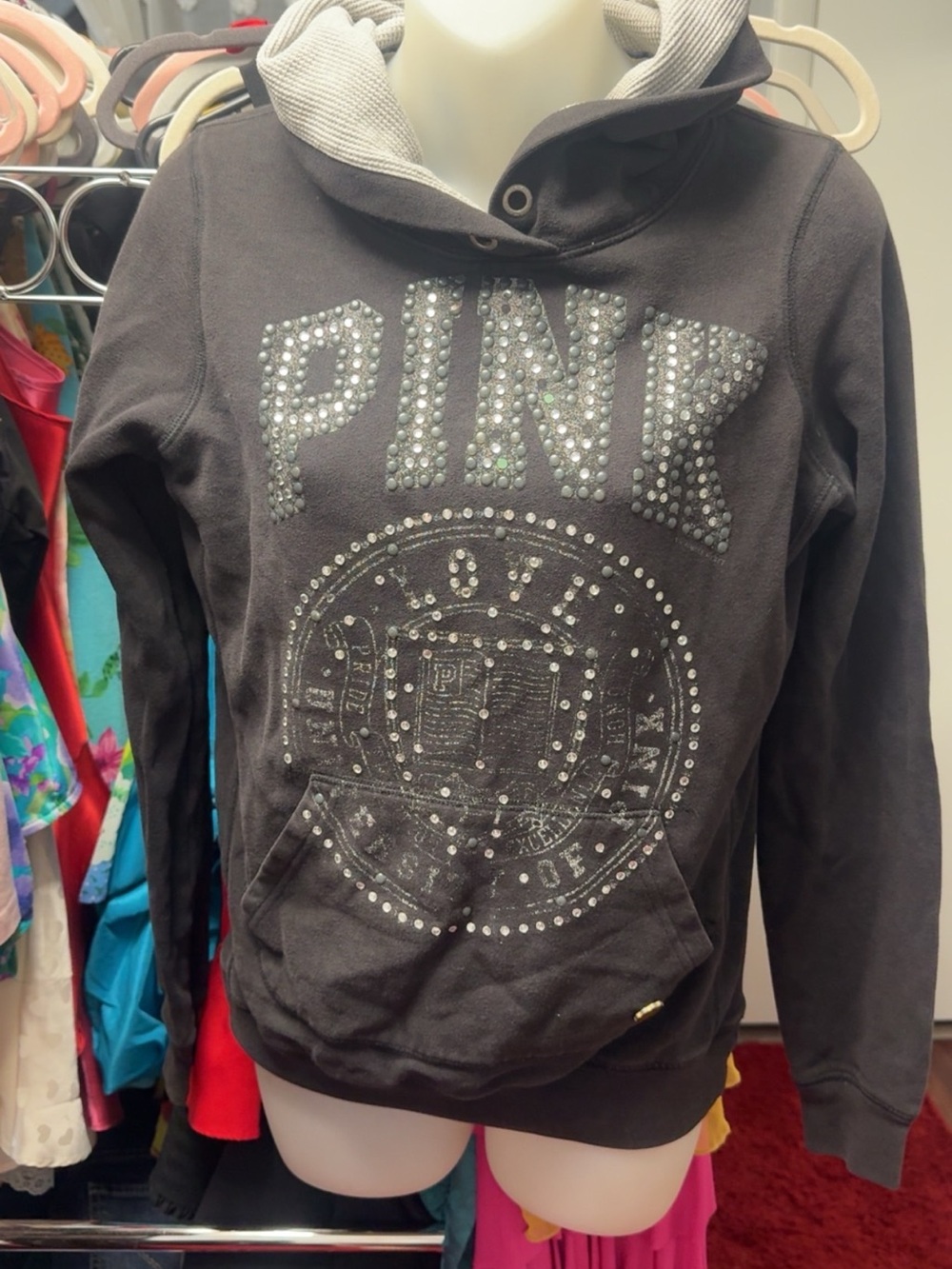 Vintage Y2K PINK Victoria's Secret Rhinestone Bling Black Hoodie Sweater